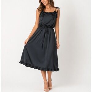 Vtg Candi Jones California Dress Sz‎ 7 Black Satin Ruffle Midi Sundress Party